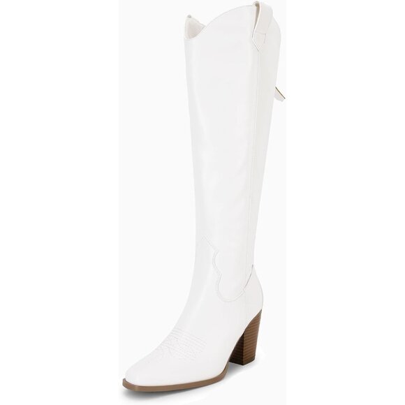 Women White Cowboy Knee High Boots Chunky Block Heel Square Toe Tall Riding Boot - Picture 2 of 5